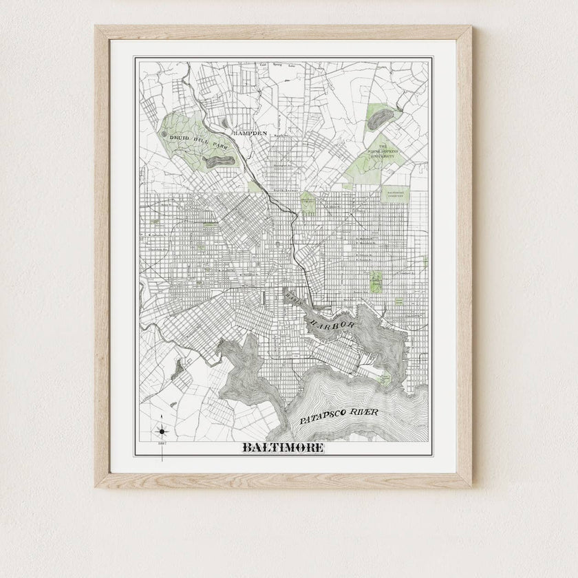 Baltimore Hand-drawn 1887 Street Map Print