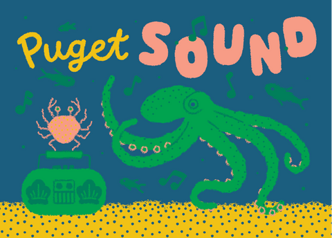 Puget Sound Boombox Octopus Crab and Fish Postcard