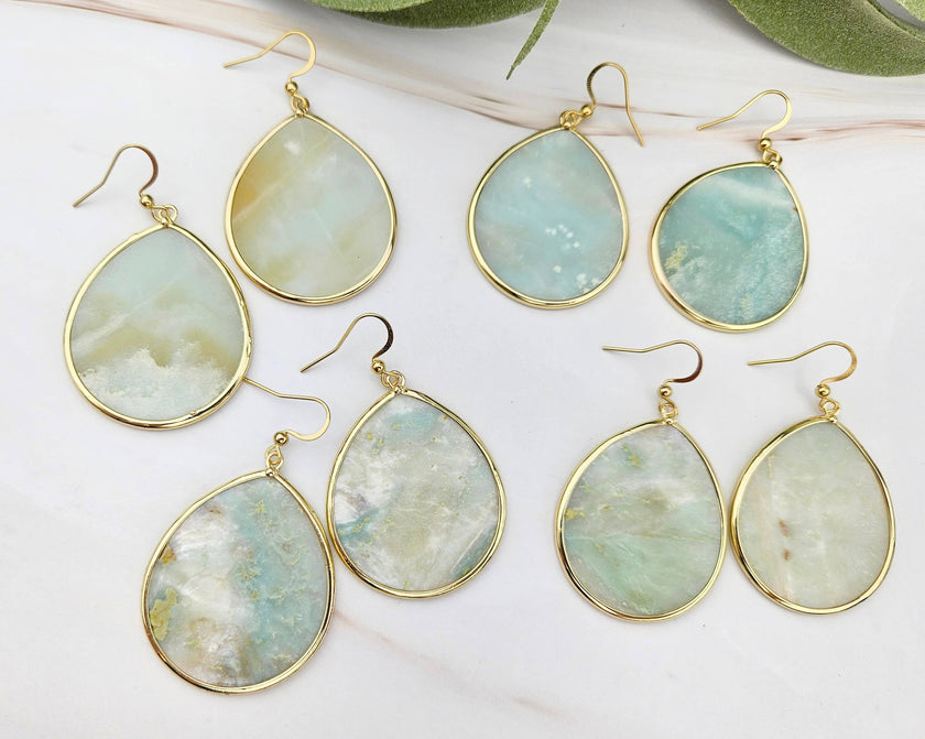 Thin Amazonite Teardrop Dangle Earrings