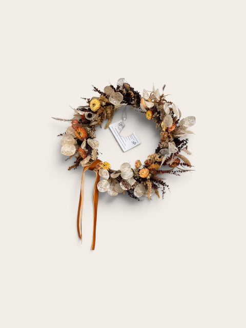 Dried Lunaria + Strawflower Wreath with Velvet Ribbon