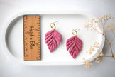 Clay Earrings - Raspberry Pink Leaves