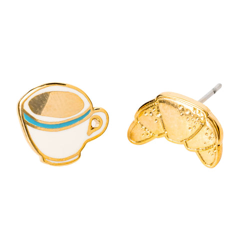 Croissant & Coffee Earrings Gold Studs