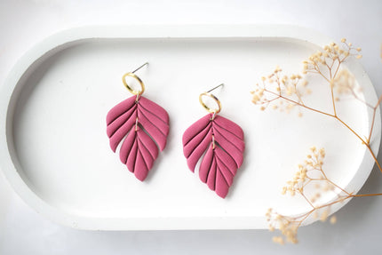 Clay Earrings - Raspberry Pink Leaves