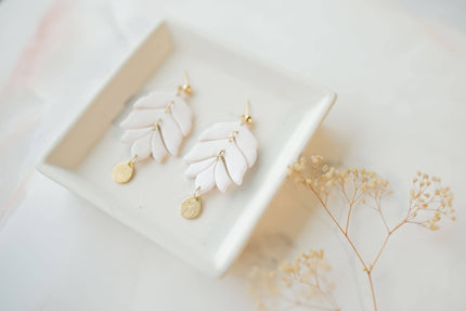 Clay Earrings - White Leaves